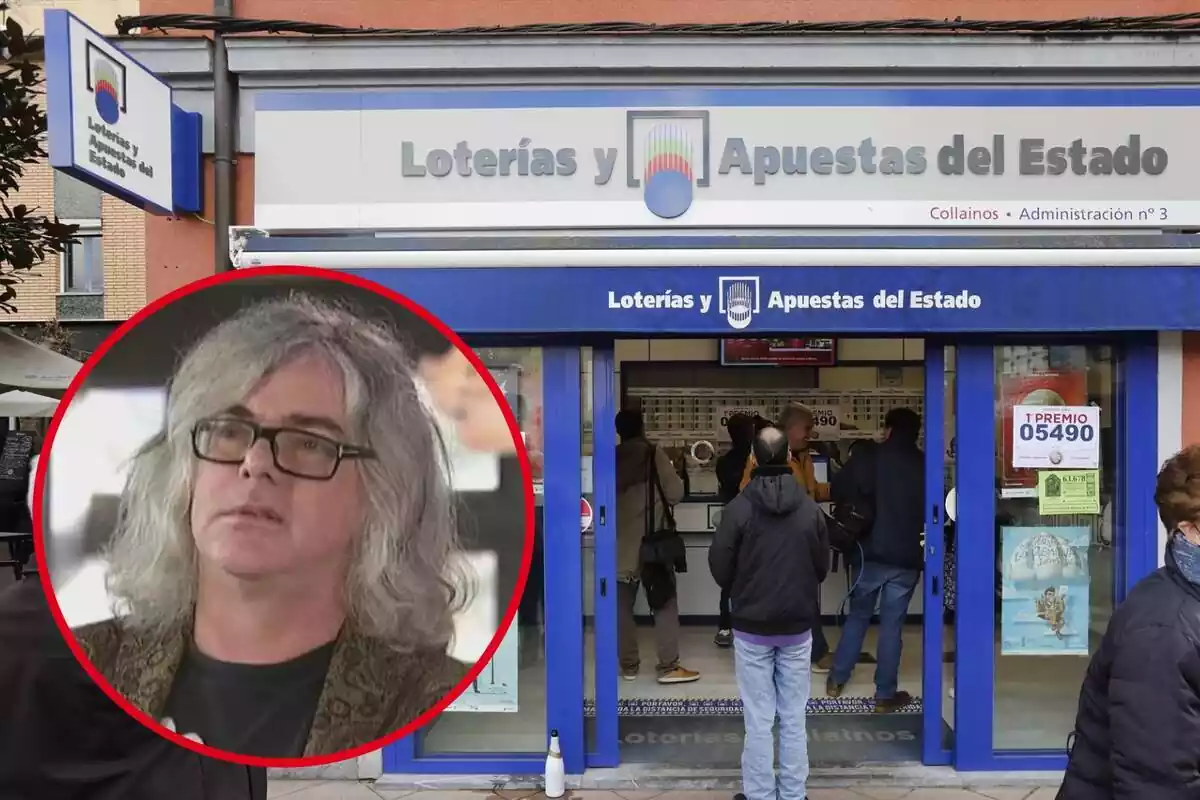 Montaje con una administración de Loterías y Apuestas del Estado y un círculo con la cara seria de David Walsh