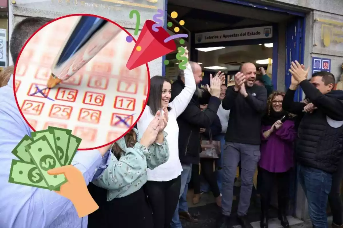 Montaje de una Administración de Lotería con gente celebrando fuera, números de la primitiva siendo tachados y una mano con dinero