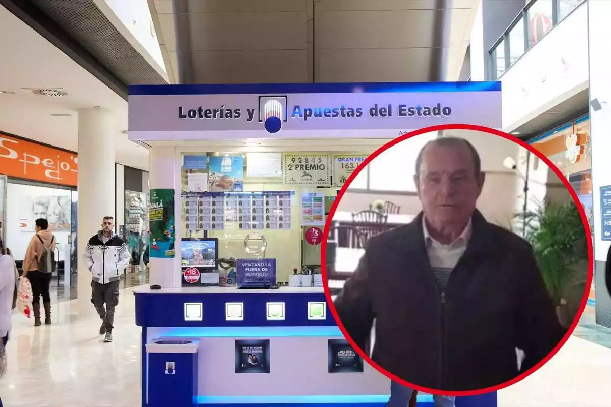 Montaje de una administración de Lotería y Vicente Sánchez Rivero con una chaqueta marrón