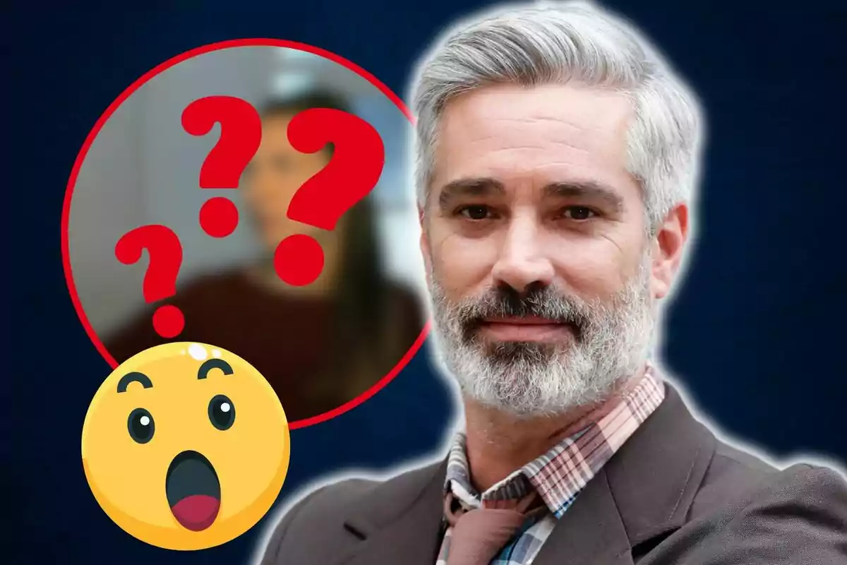 Un hombre de cabello canoso y barba mira a la cámara mientras un círculo rojo con signos de interrogación y un emoji sorprendido aparece a su lado.