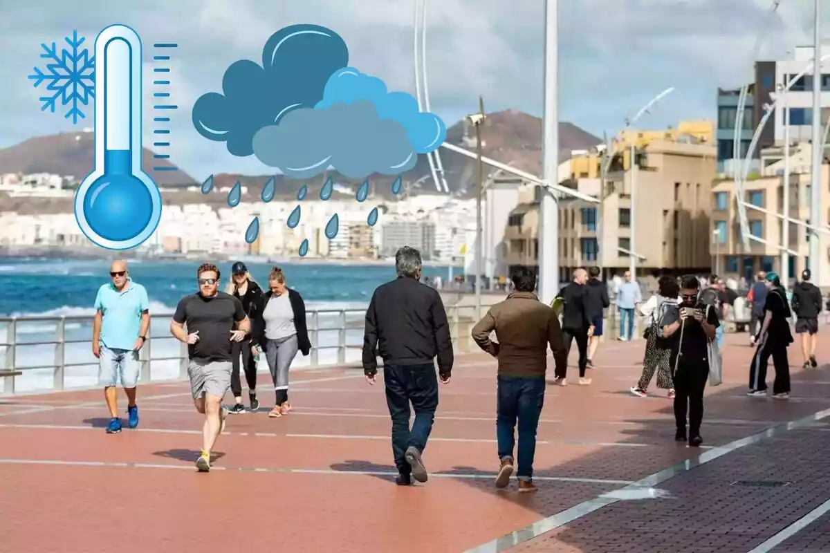 Personas caminando por un paseo marítimo, con logos de lluvia y frío