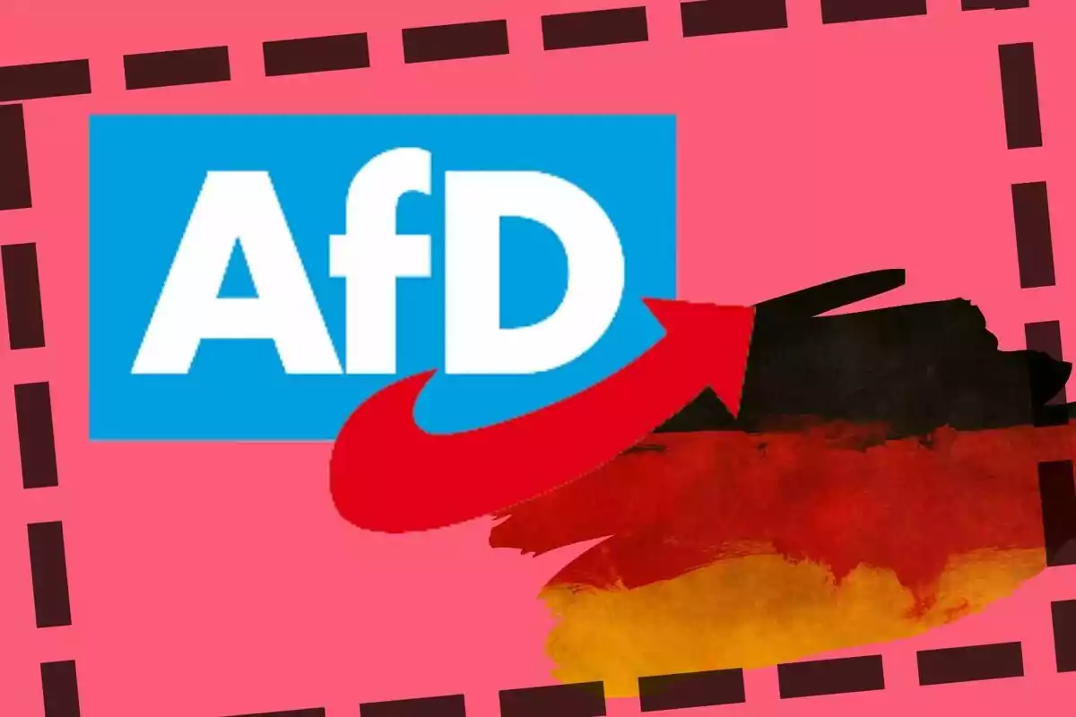 Logotipo de AfD con una flecha roja sobre un fondo de la bandera de Alemania y un borde de líneas discontinuas negras sobre un fondo rosa.