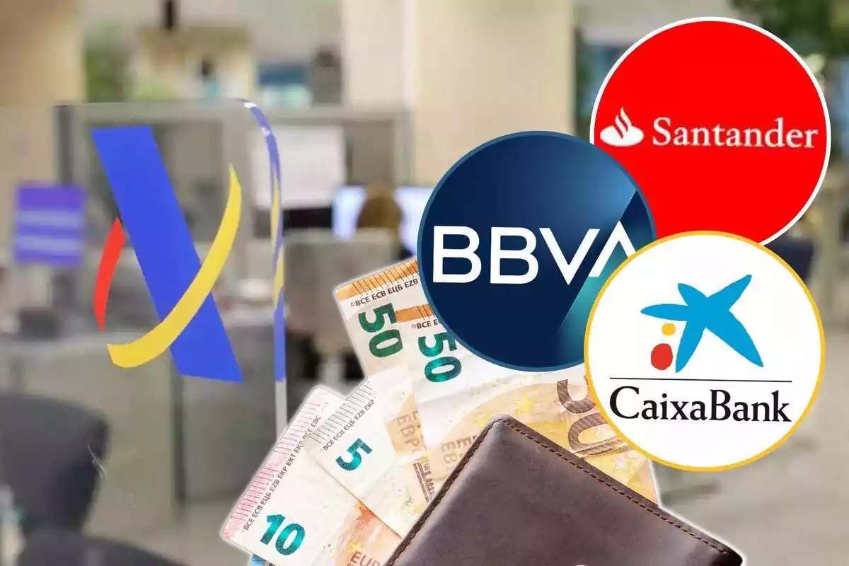 Montaje con una oficina de la Agencia Tributaria de fondo, una cartera con varios billetes de euro y tres círculos con los logos de BBVA, Banco Santander y CaixaBank