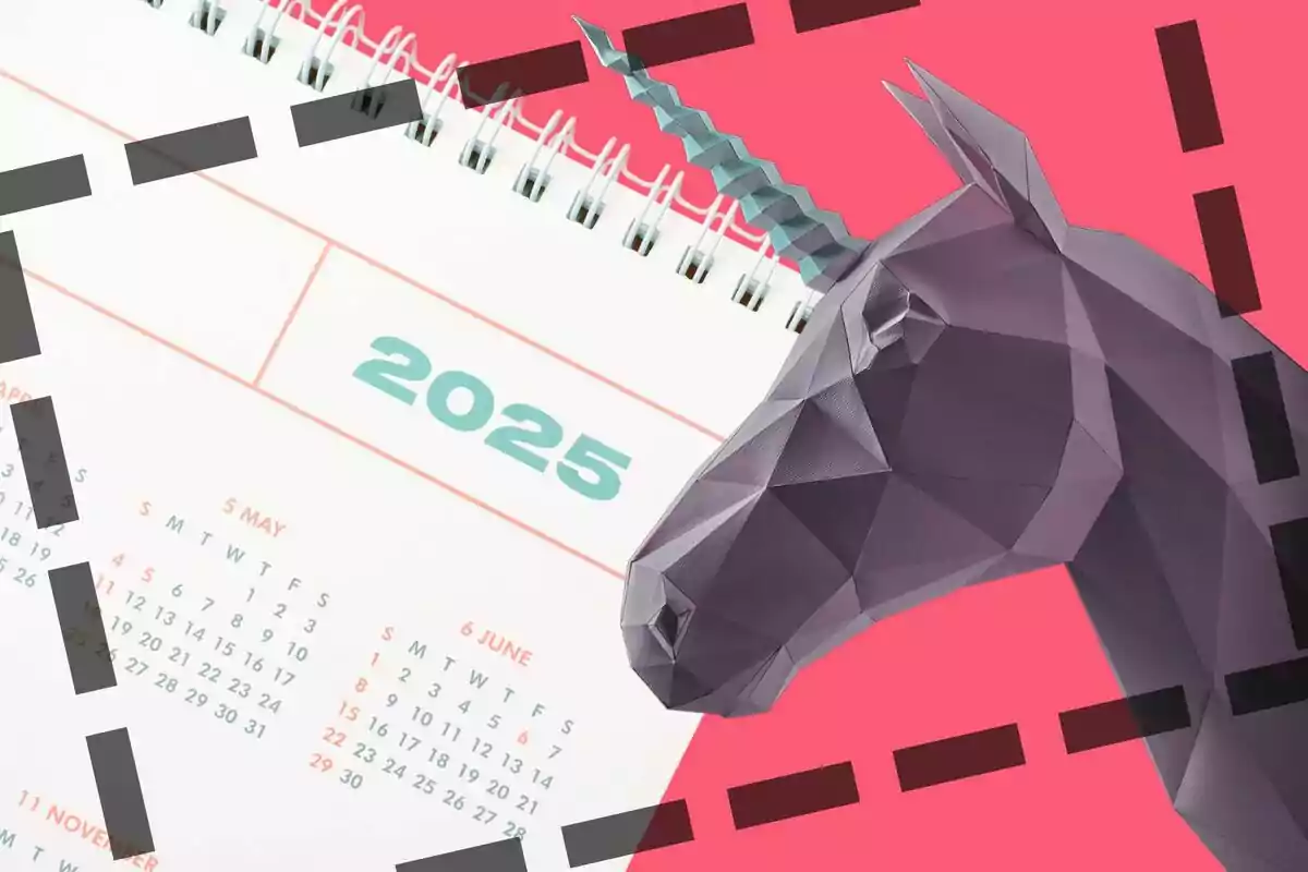 Un calendario del año 2025 con un diseño de unicornio geométrico sobre un fondo rosa.