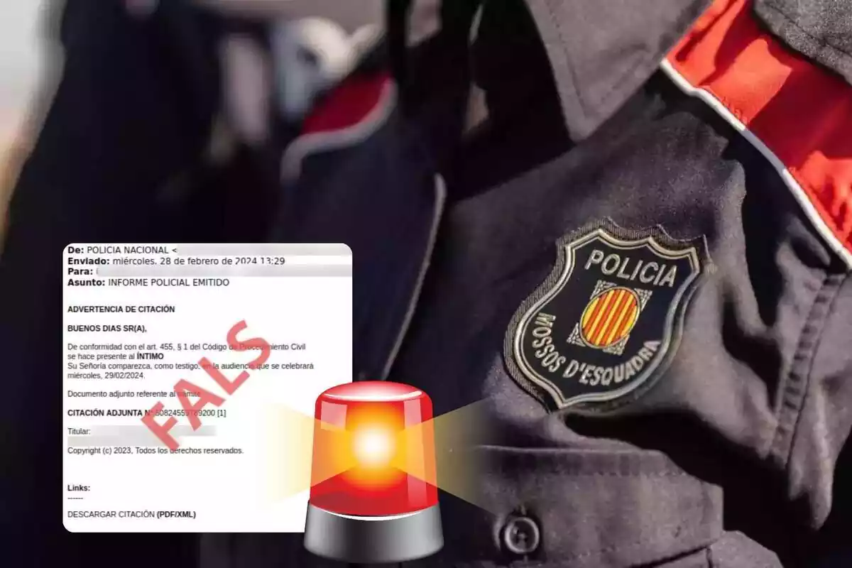Montaje con un agente de los Mossos d'Esquadra con el uniforme, un documento falso y una luz de alarma