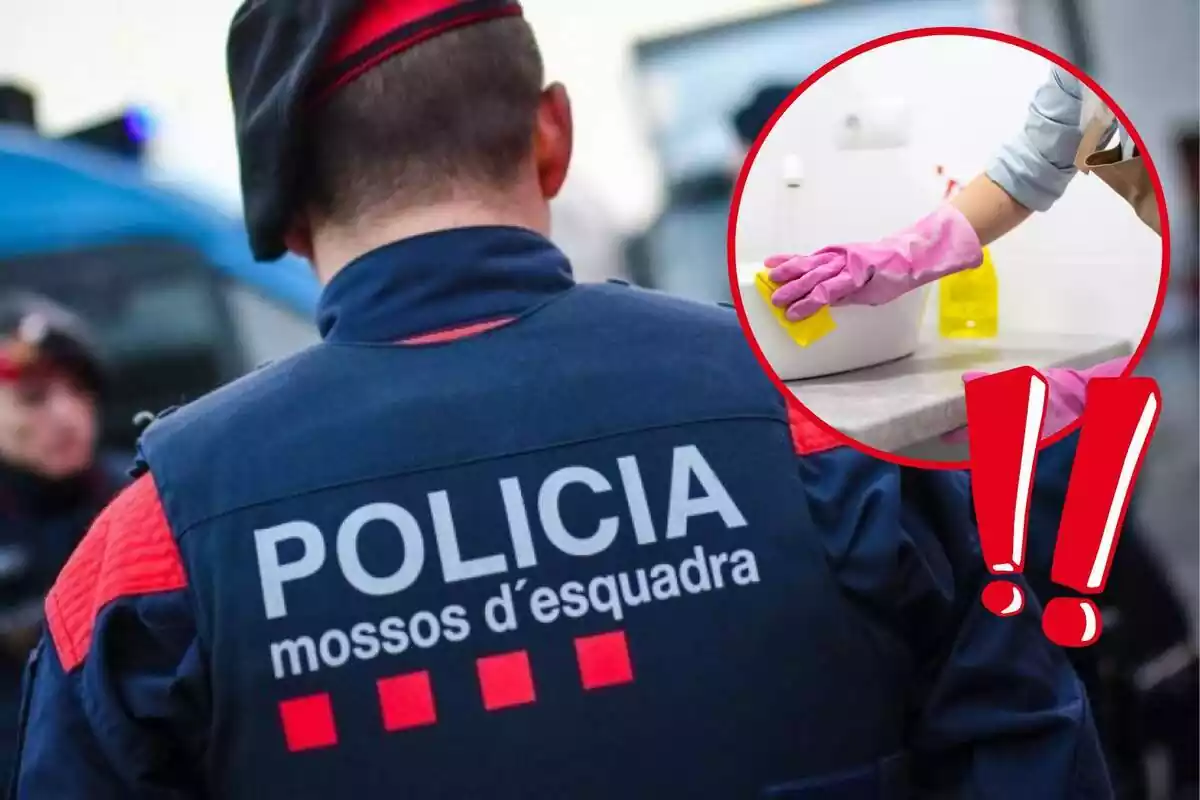 Montaje de un agente de los Mossos d'Esquadra de espaldas, una persona limpiando el baño con unos guantos rosas y unos signos de exlamación