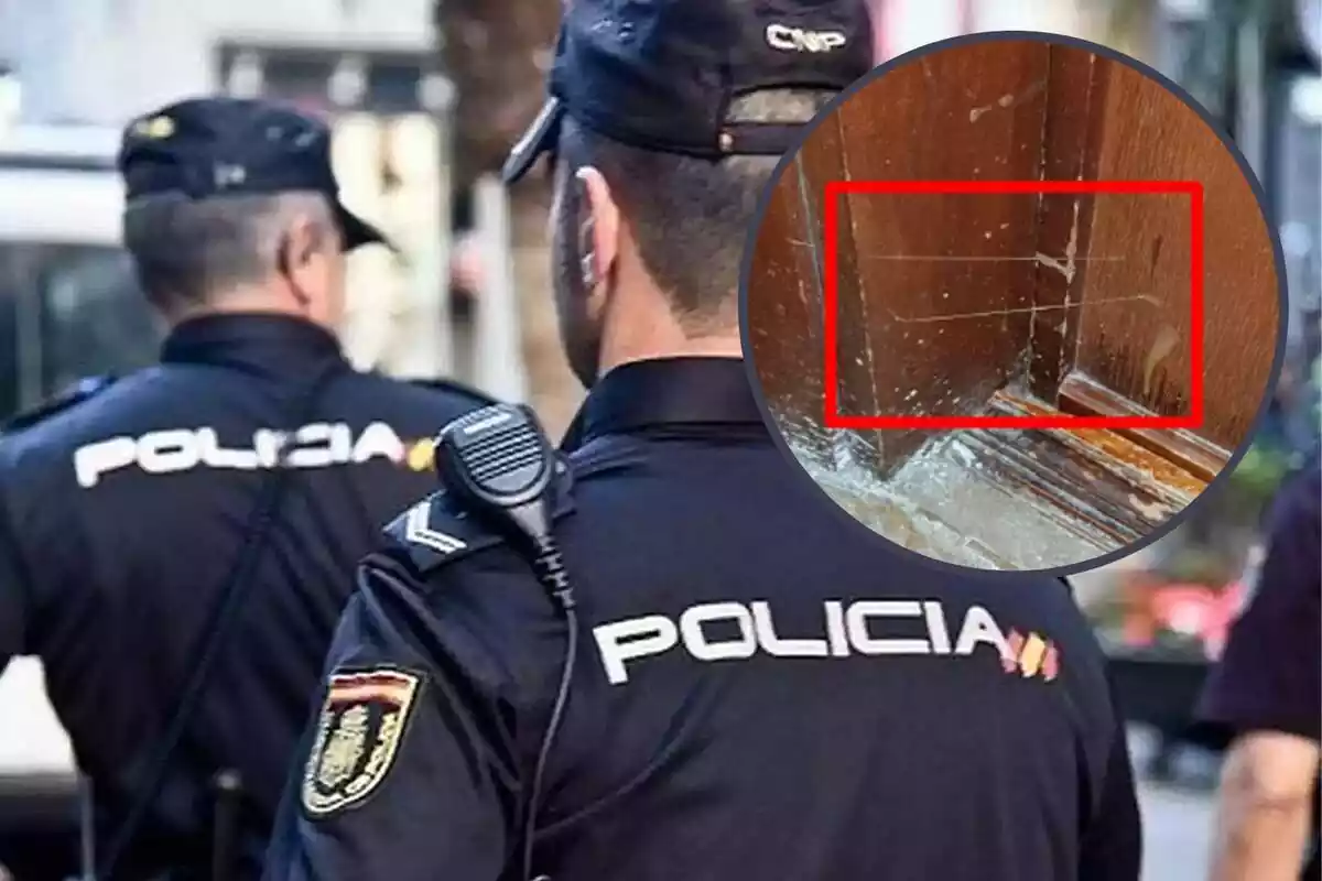 Montaje con dos agentes de la Policía Nacional de espaldas y un círculo con el marco de una puerta y un trozo de plástico señalado con un rectángulo rojo
