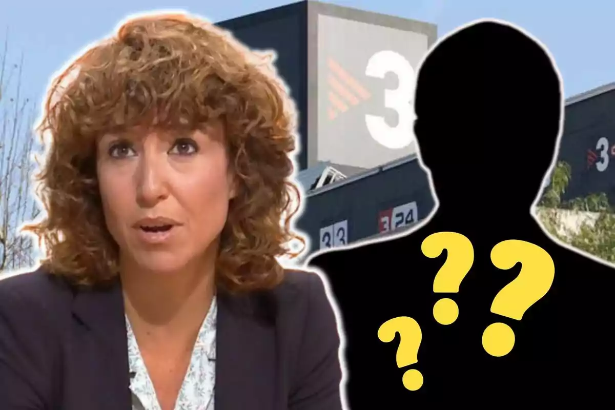 Agnès Marquès con una expresión seria junto a la silueta de Xavier Graset con signos de interrogación amarillos, con un edificio de fondo que tiene el logo de TV3