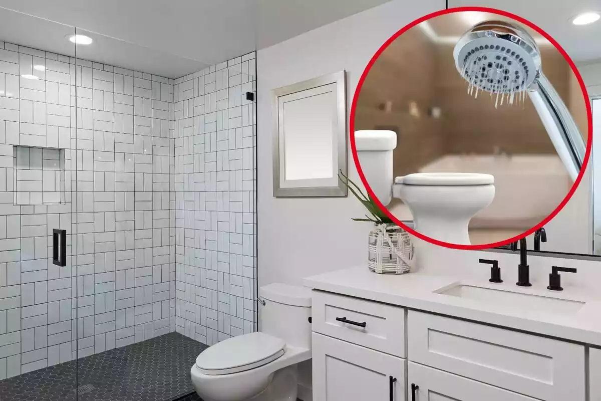 Montaje de lavabo blanco y círculo con un váter y una pica de ducha
