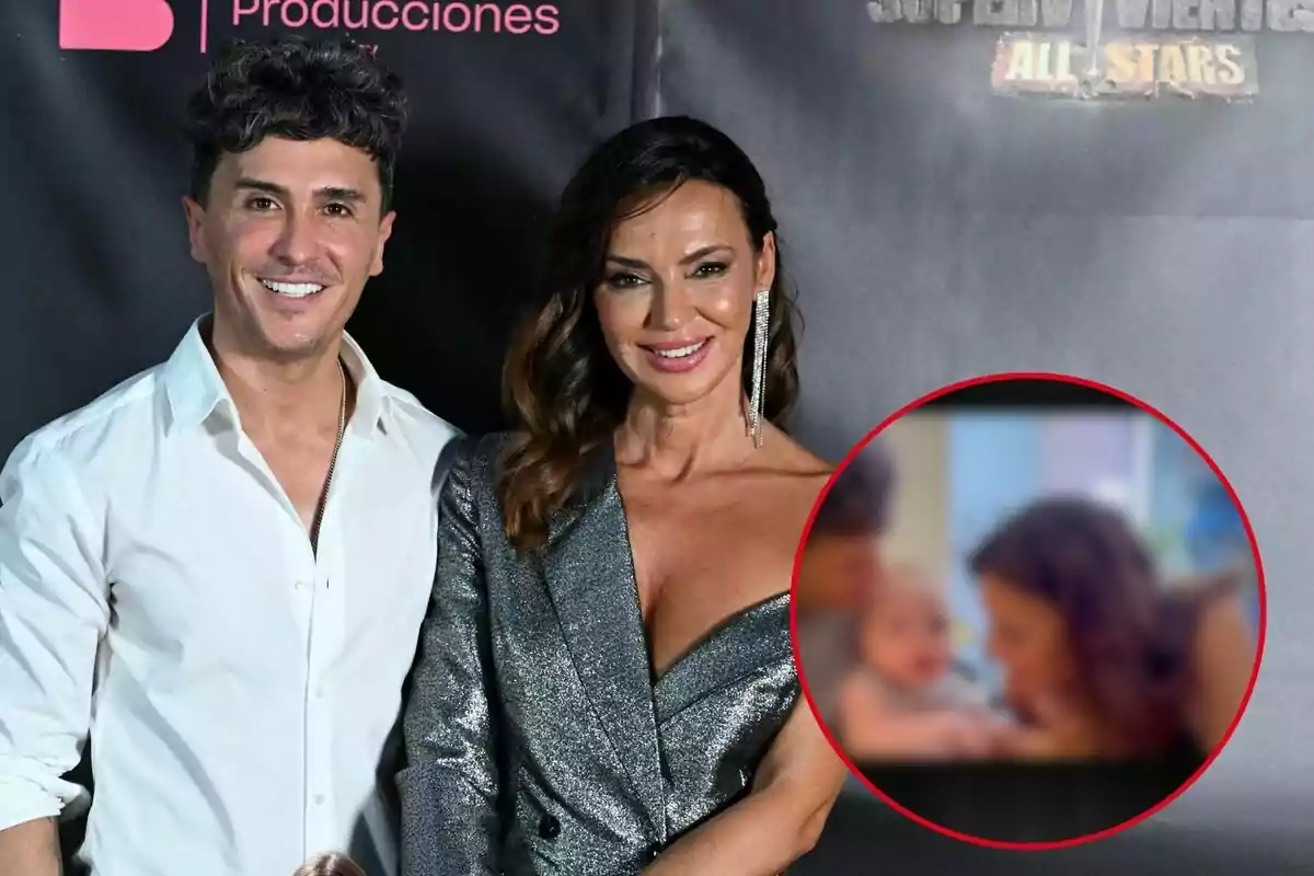 Agustín Etienne y Olga Moreno sonriente posa frente a un fondo promocional, con un recuadro que muestra una imagen borrosa de ellos con un bebé.