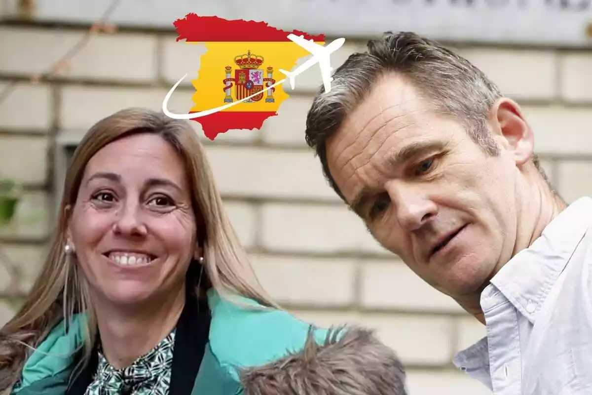 Montaje de Ainhoa Armentia sonriendo con una chaqueta azul, Iñaki Urdangarin serio mirando abajo, la bandera de España y un avión
