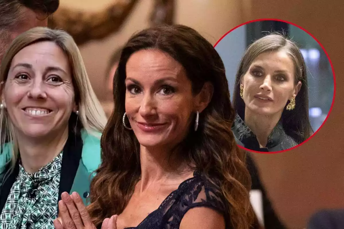 Montaje de Ainhoa Armentia sonriendo con una chaqueta azul, Telma Ortiz sonriendo con las manos juntas y Letizia seria con unos pendientes de oro