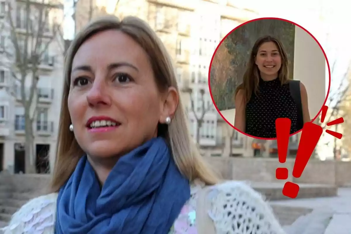 Ainhoa Armentia caminando al aire libre con una bufanda azul y una imagen insertada de Olympia Beracasa sonriendo dentro de un círculo rojo con signos de exclamación.