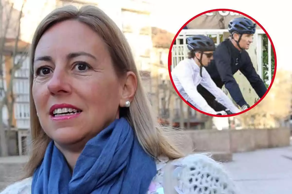 Montaje de primer plano de Ainhoa Armentia seria y Iñaki Urdangarin con su hijo en bici