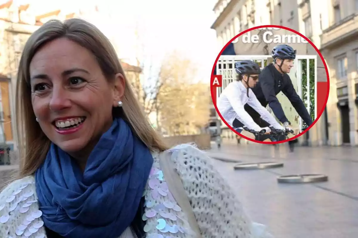 Montaje con Ainhoa Armentia riendo en la calle con un pañuelo azul en el cuello e Iñaki Urdangarin y el hijo de ella en bici