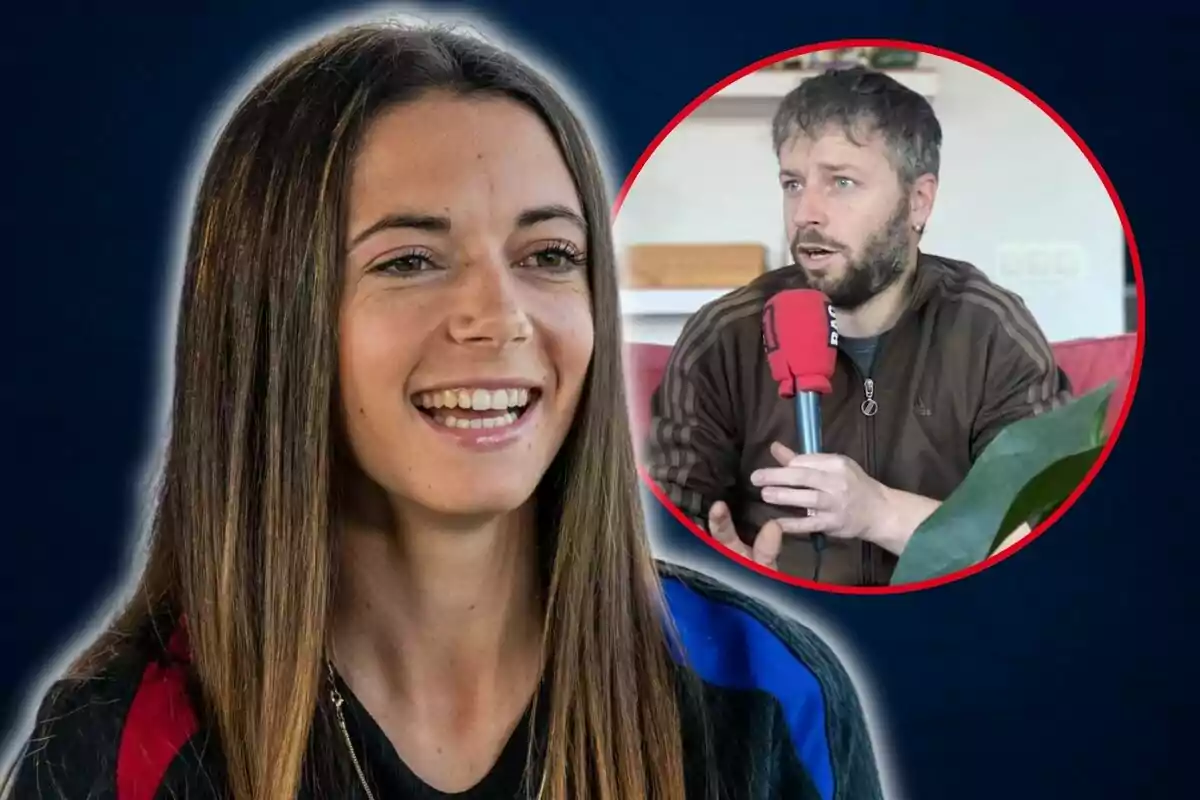 Una mujer sonriente con cabello largo y liso en primer plano y un hombre con barba sosteniendo un micrófono en un recuadro circular.