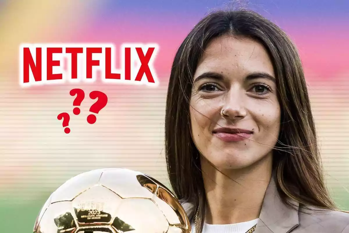 fotomontaje de una foto de Aitana Bonmatí con el logo de Netflix y signos de interrogación