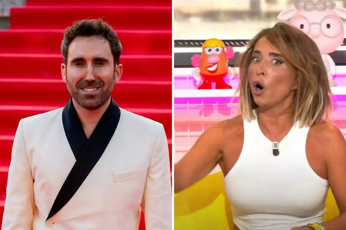 Aitor Albizua y María Patiño en diferentes contextos, una en una alfombra roja y otra en un set de televisión con juguetes de fondo. Aitor Albizua y María Patiño en diferentes contextos, una en una alfombra roja y otra en un set de televisión con juguetes de fondo.