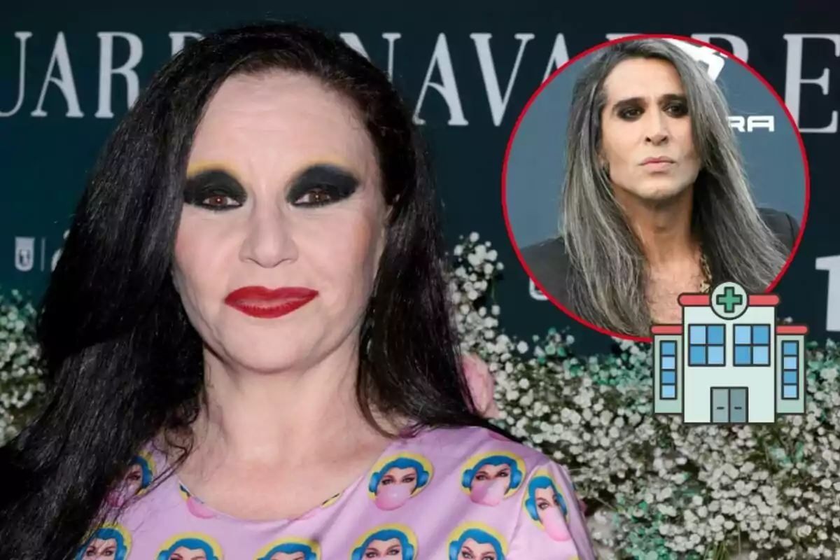 Alaska con maquillaje oscuro y cabello largo en un evento, con un recuadro que muestra a Mario Vaquerizo de cabello largo y un ícono de hospital.