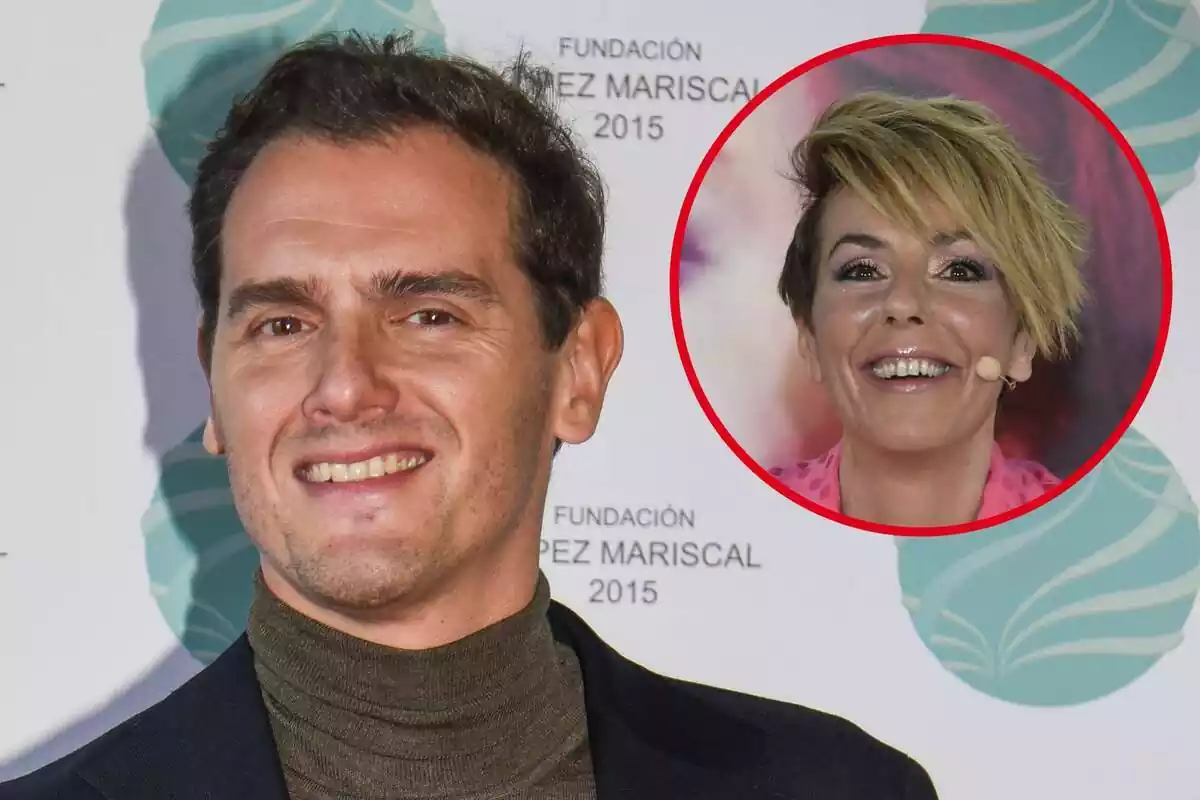 Montaje con Albert Rivera sonriendo con un jersey de cuello alto y Rocío Carrasco sonriendo con un micrófono