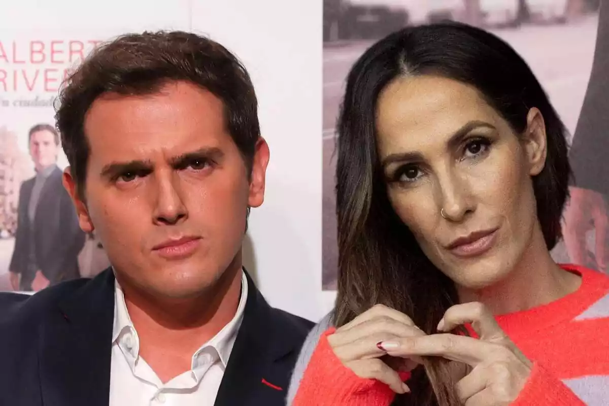 Montaje en primer plano de Albert Rivera serio con americana y camisa, y Malú seria jugando con su pelo