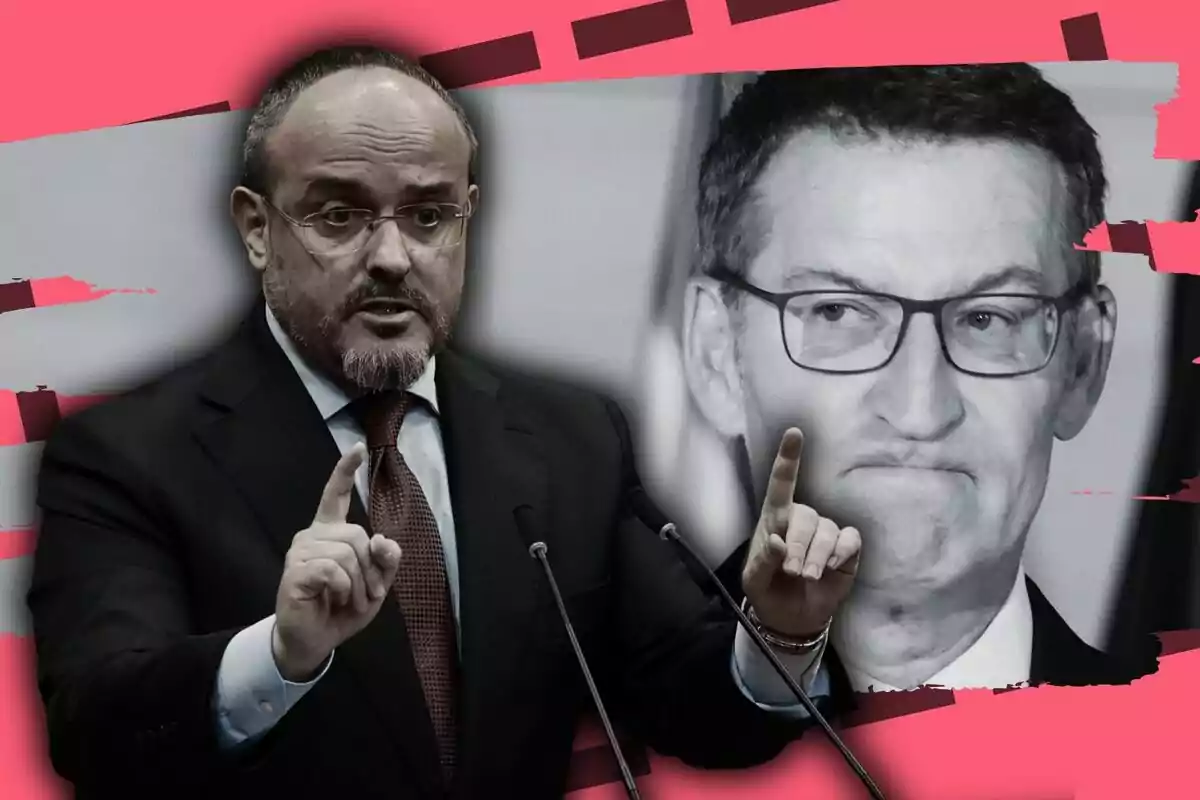 Dos hombres en traje, uno en color y otro en blanco y negro, con fondo rosa y gesticulando con las manos.