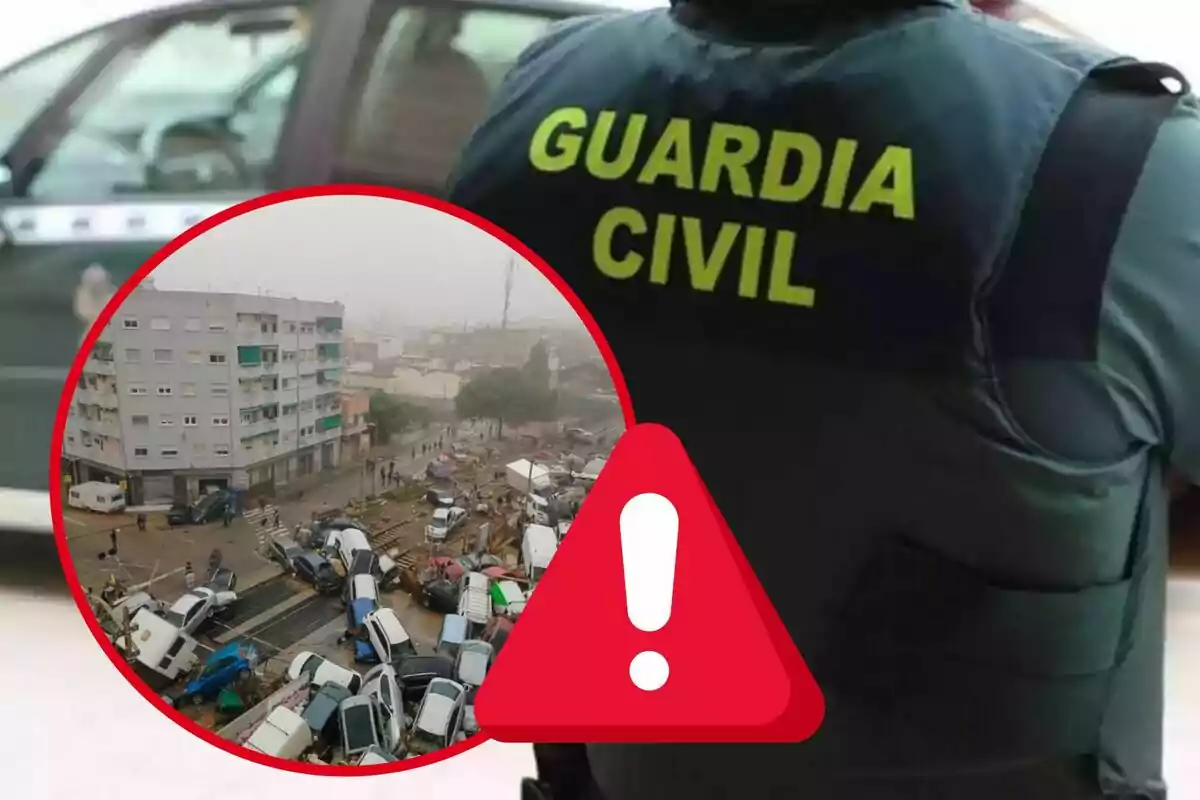 Un agente de la Guardia Civil observa una escena de caos vehicular en una ciudad con un símbolo de advertencia superpuesto.