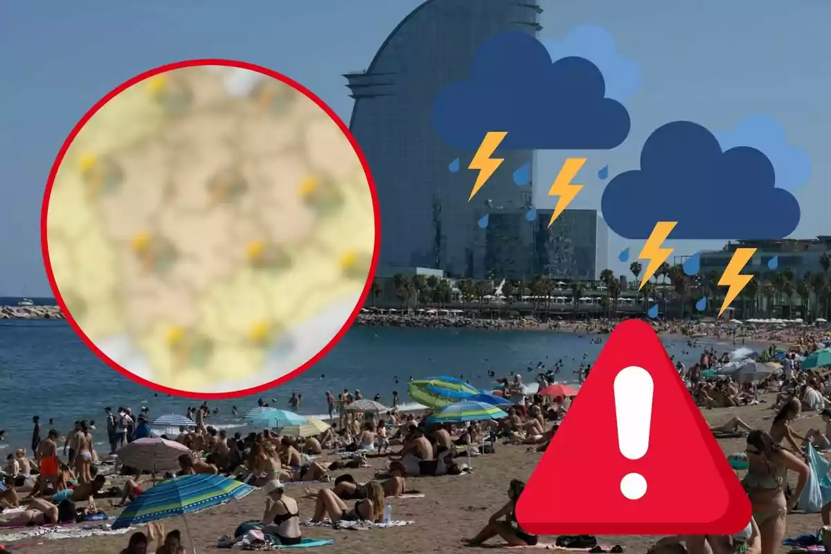 Playa concurrida con un edificio moderno al fondo, iconos de tormenta y un signo de advertencia.