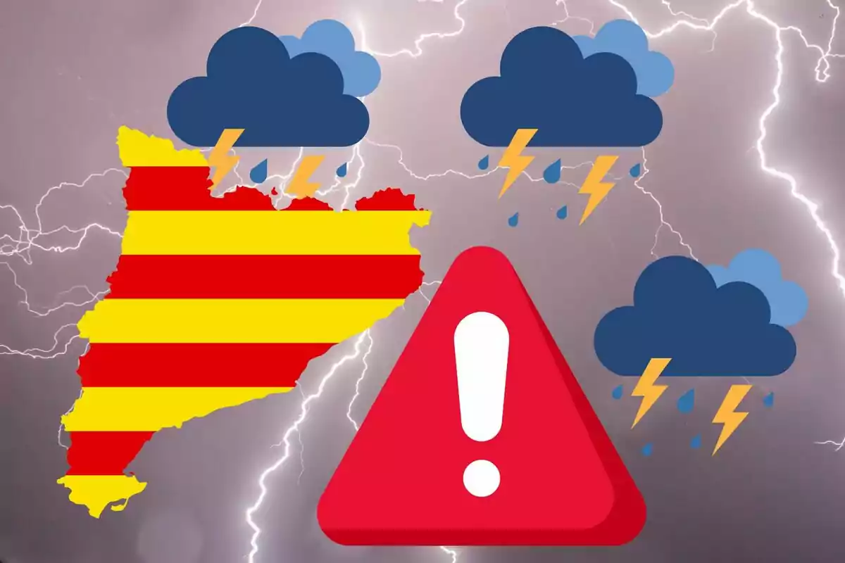 Mapa de Cataluña con símbolos de tormenta y un icono de advertencia sobre un fondo de relámpagos.