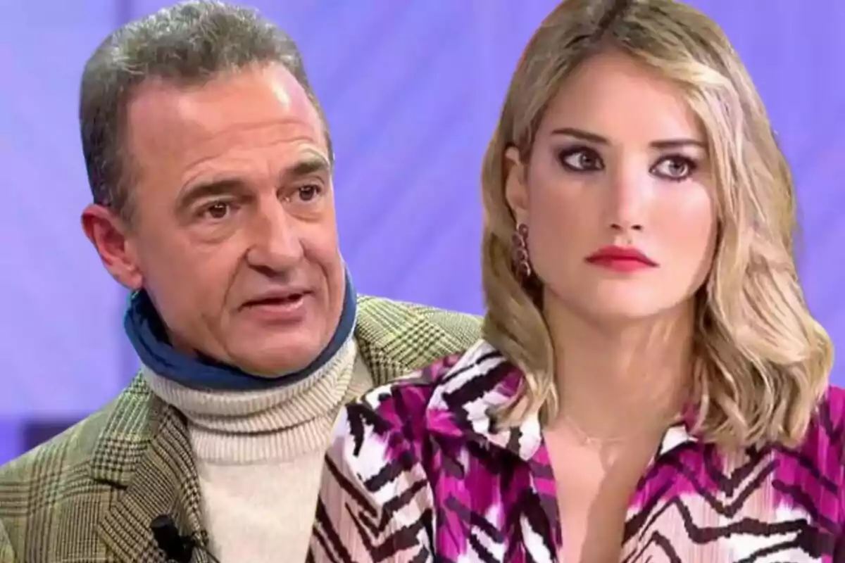 Dos personas en un programa de televisión con expresiones serias y fondo morado. Dos personas en un programa de televisión con expresiones serias y fondo morado.