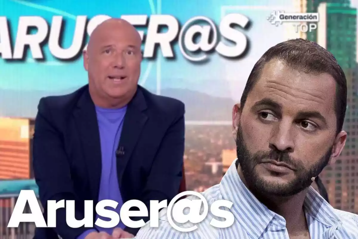 Montaje de Alfonso Arús hablando, Antonio Tejado serio mirando a un lado y el logo de 'Aruser@s'