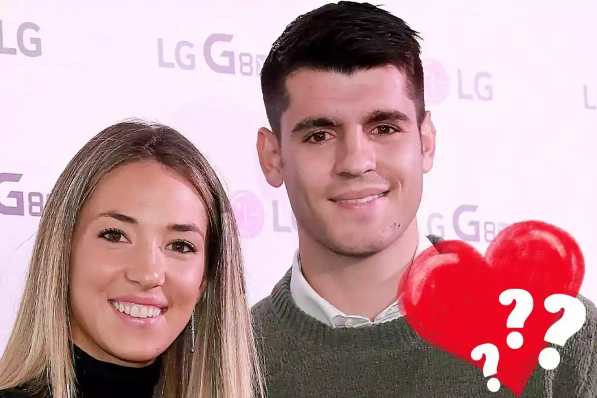 Alice Campello y Álvaro Morata sonrientes con un fondo de logotipos de LG y un gráfico de corazones con signos de interrogación.