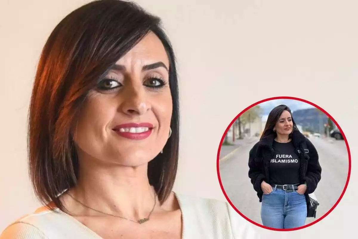 Montaje con un primer plano de Alicia Tomás sonriendo y una imagen de ella con una camiseta de 'Fuera Islamismo'