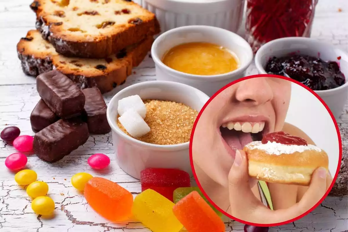 Montaje con varios alimentos dulces en una mesa y un círculo con una persona comiendo un postre dulce