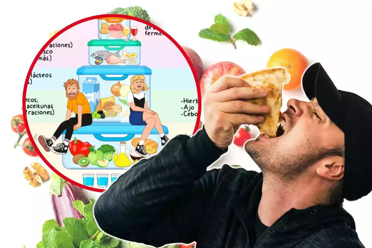 Montaje con varios alimentos de fondo, un joven con gorra comiendo y un círculo con el dibujo de la pirámide de los alimentos de la dieta mediterránea