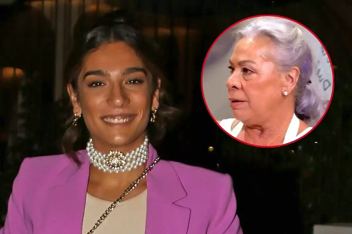 Alma Bollo sonriente con un traje morado y un collar de perlas, con un recuadro que muestra a Carmen Gahona de perfil con cabello canoso.