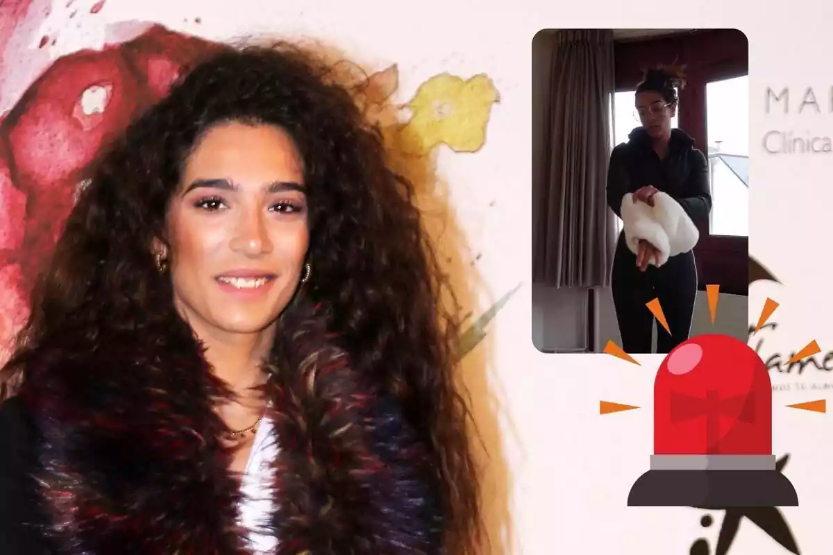 Montaje con Alma Bollo sonriendo con una chaqueta con plumas, un vídeo de Instagram colocándose las mangas y una alarma