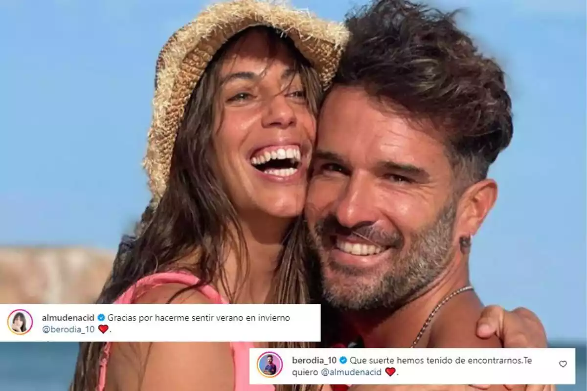 Montaje con Almudena Cid riendo con un sombrero de paja y Gerardo Berodia sonriendo, con sus mensajes en Instagram
