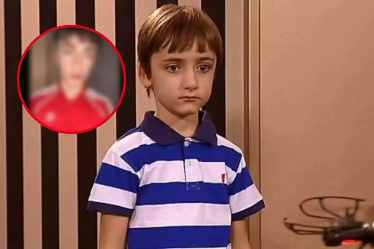 Montaje de Álvaro Giraldo de niño en la serie "La que se avecina" en plano medio, mirando hacia abajo, con cara triste y una foto borrosa de él en la actualidad
