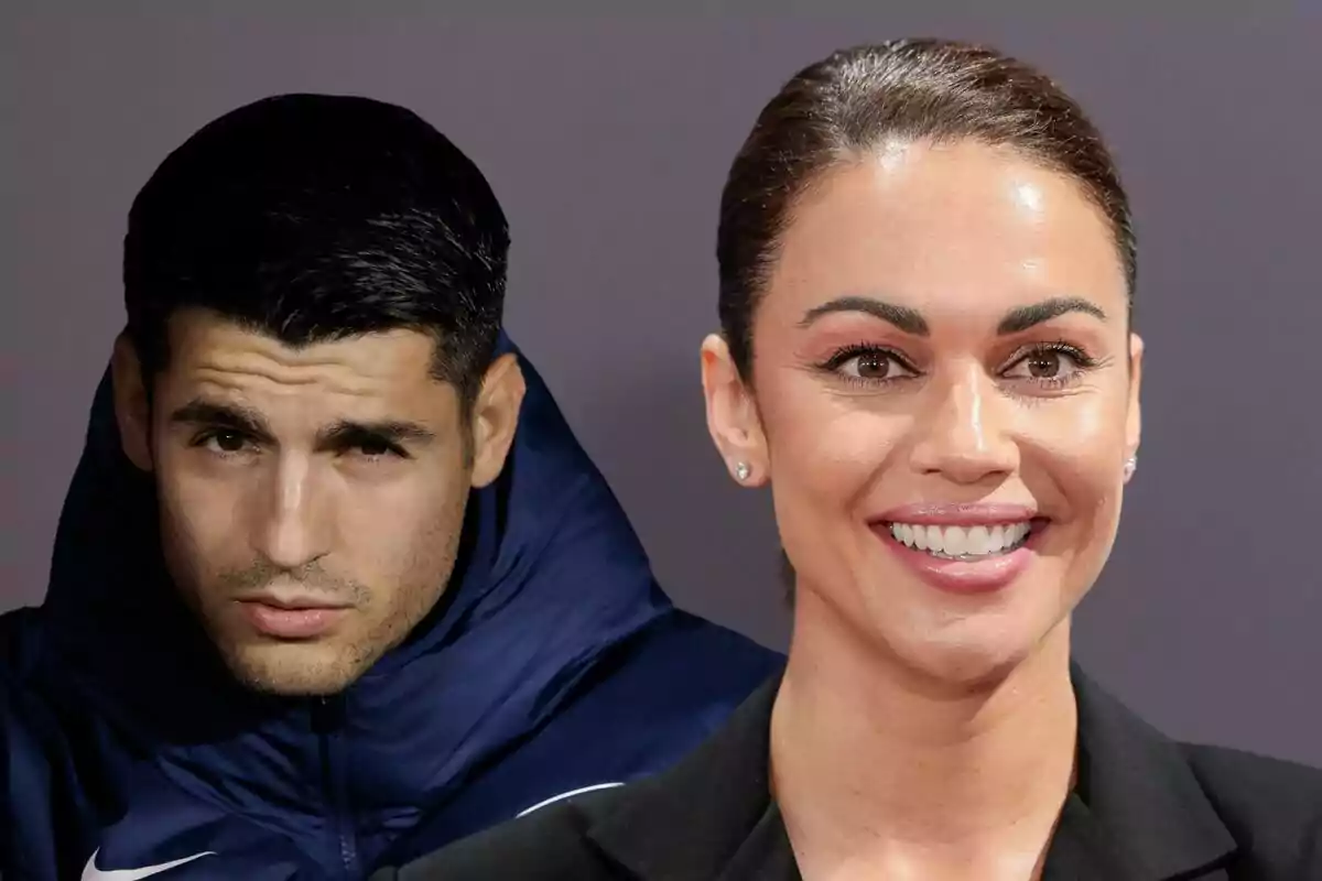 Álvaro Morata y Lara Álvarez posando, una con chaqueta azul y expresión seria y otra sonriendo con cabello recogido.