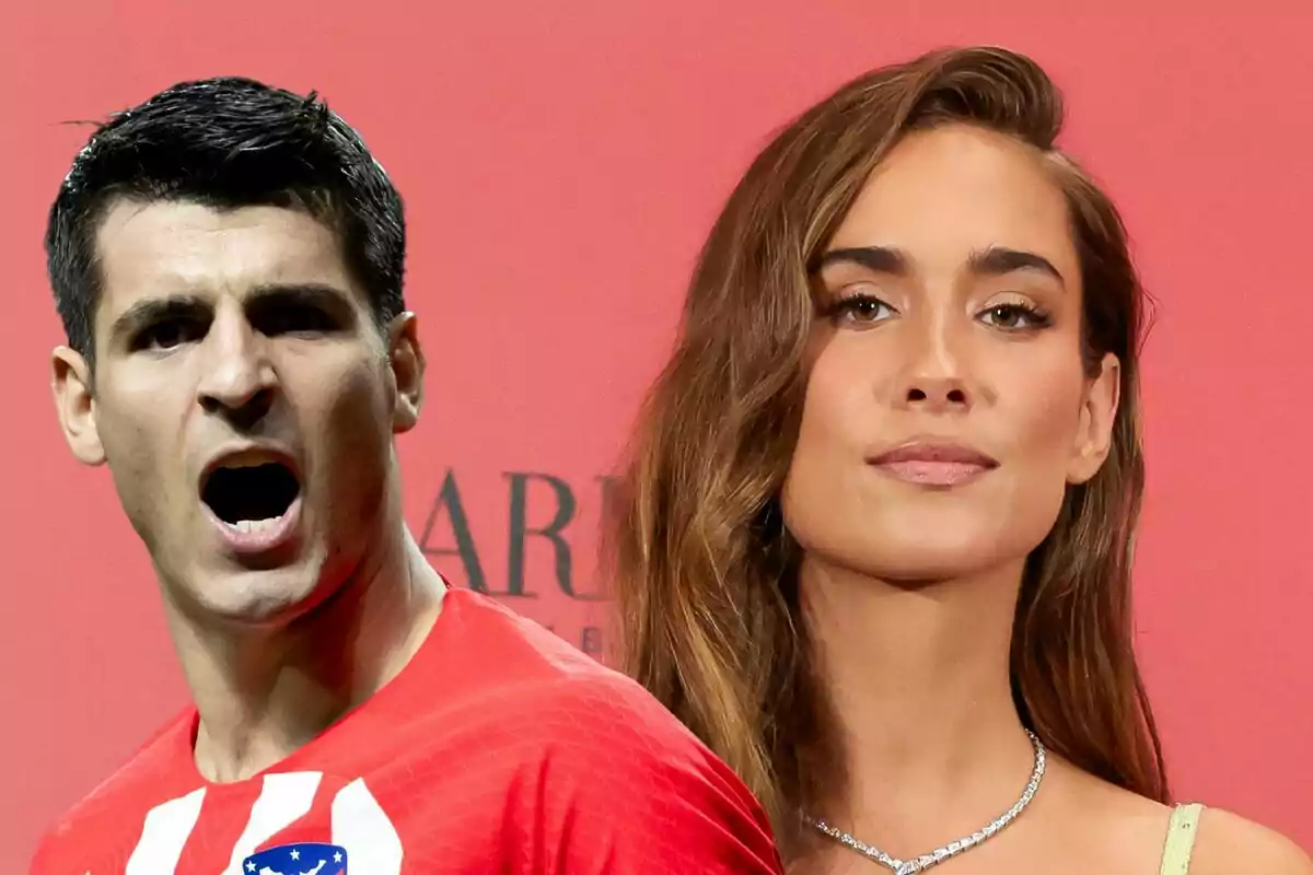 Álvaro Morata con camiseta de fútbol roja y blanca gritando junto a María Pombo con vestido elegante y fondo rojo.