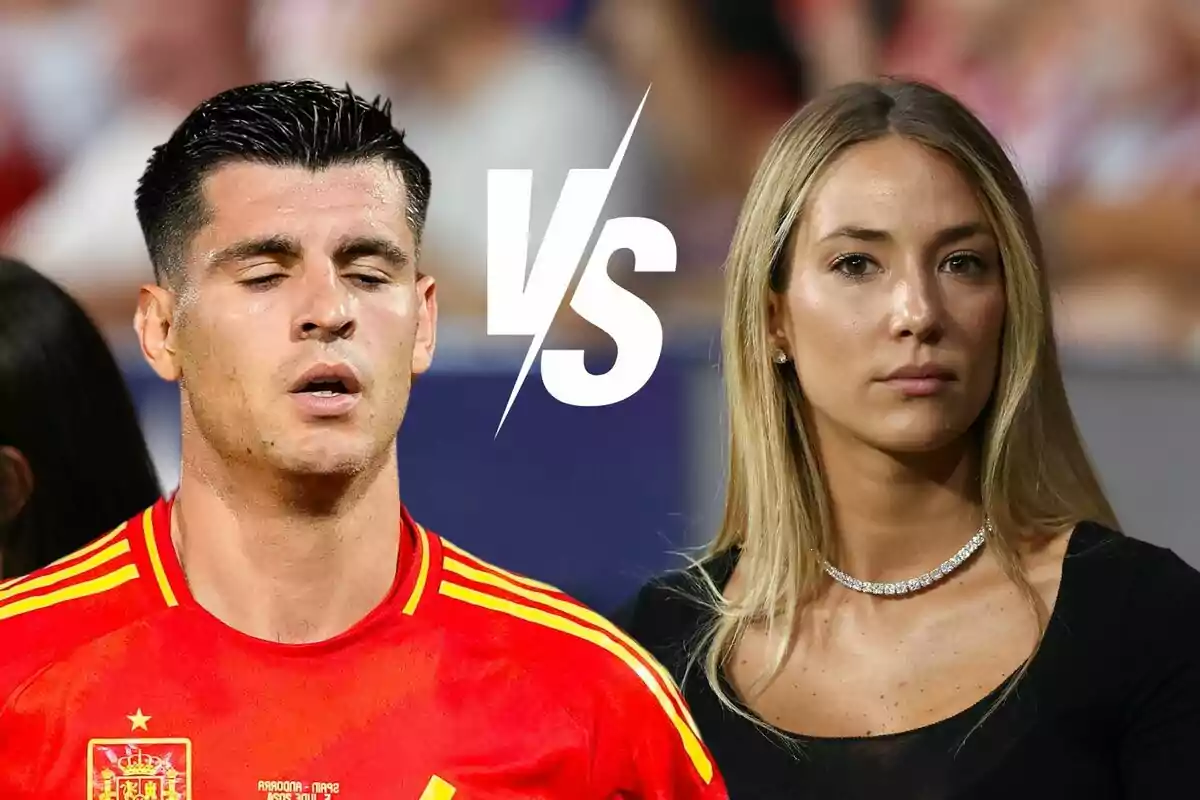 Álvaro Morata con una camiseta roja de la selección española de fútbol y Alice Campello con un collar de diamantes, con un símbolo de "VS" en el centro.