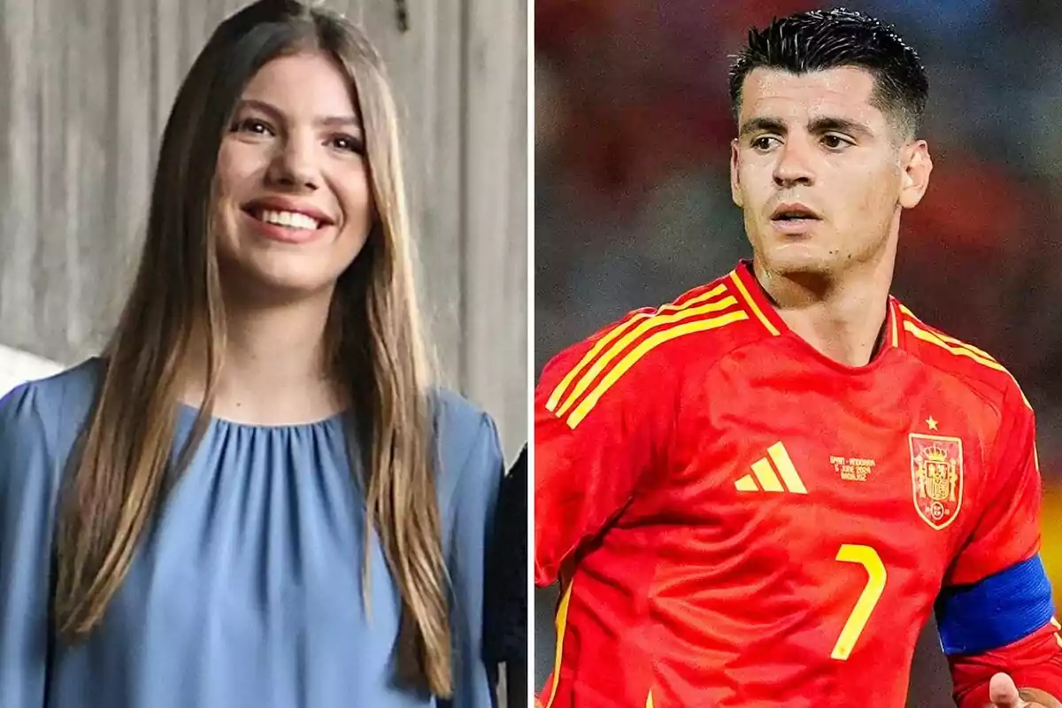 Una mujer joven con cabello largo y lacio sonríe mientras lleva una blusa azul, junto a un hombre con uniforme de fútbol rojo y amarillo de la selección española.