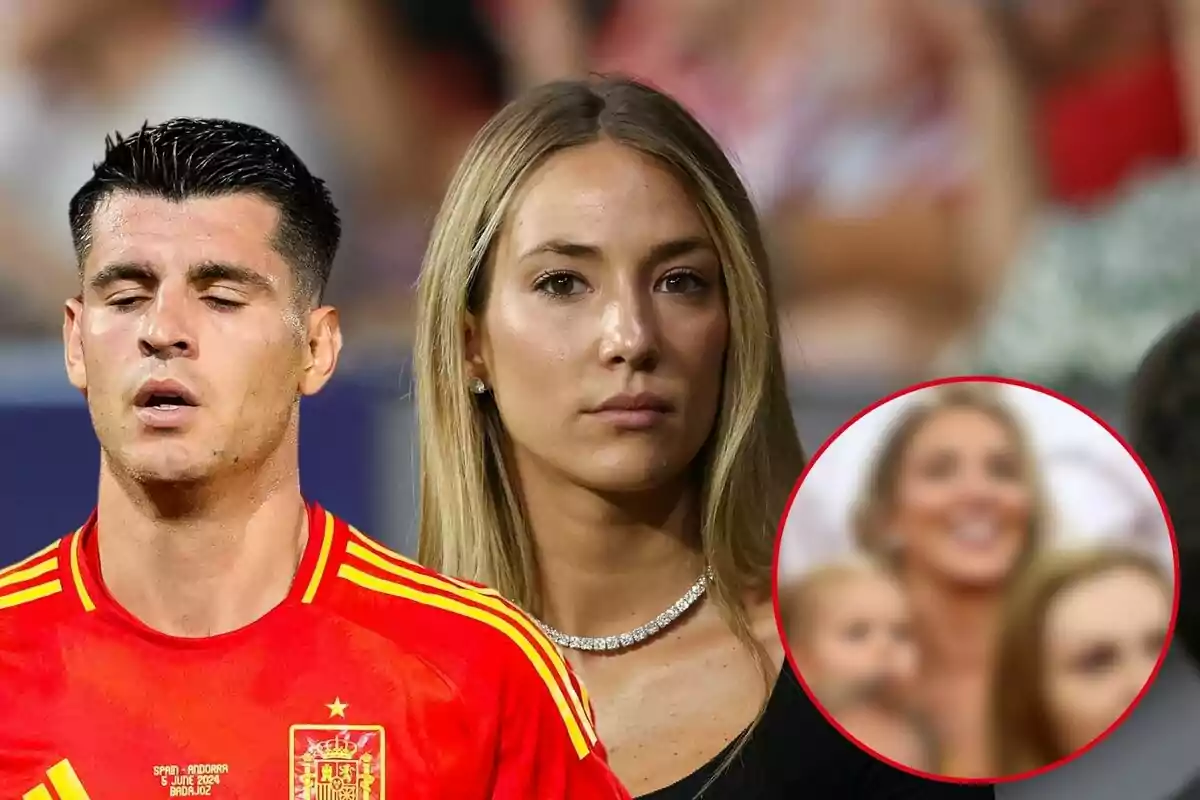 Álvaro Morata con la camiseta de la selección española junto a Alice Campello con expresión seria y un recuadro que muestra una imagen borrosa de ella sonriendo.