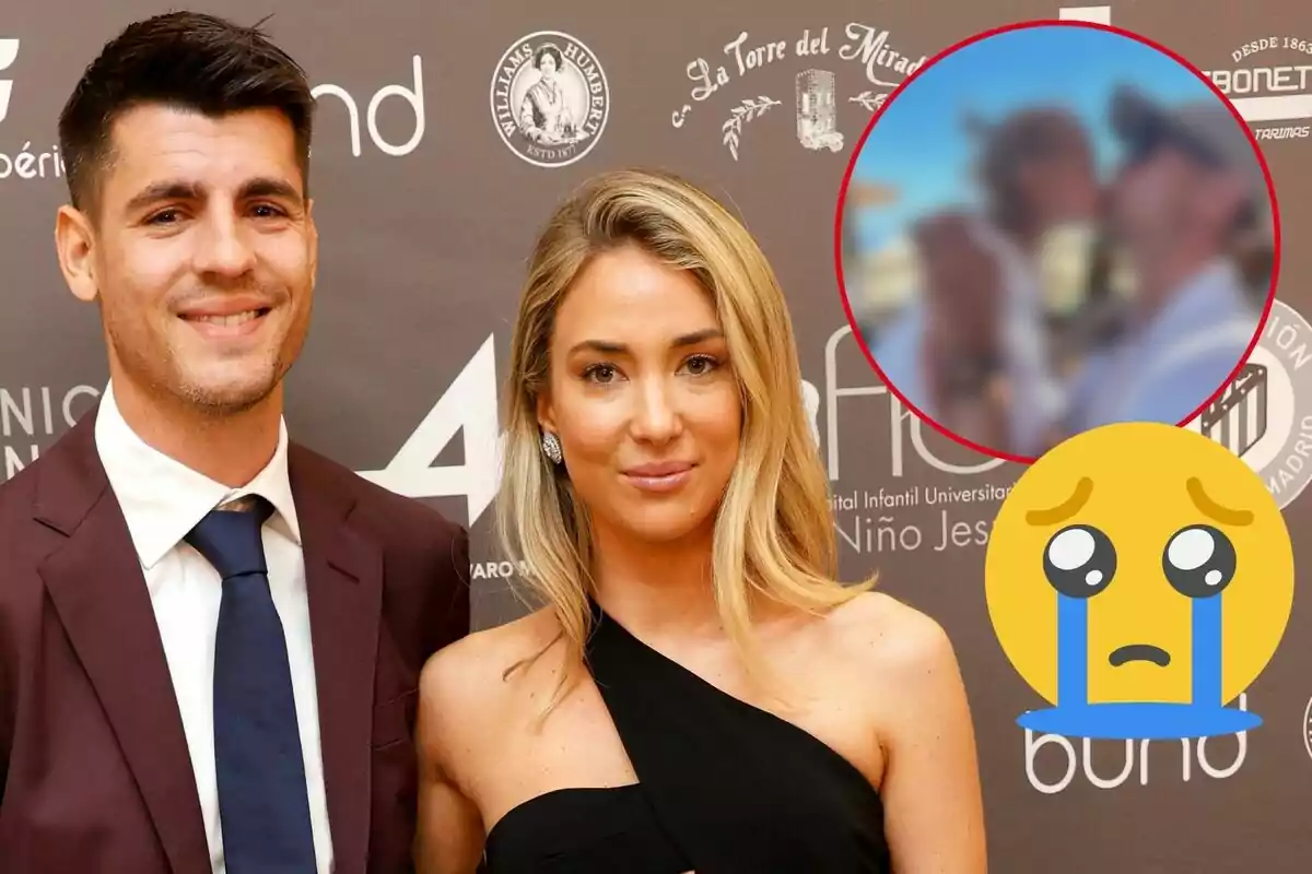 Álvaro Morata y Alice Campello posando en un evento con un fondo de logotipos y un emoji llorando en la esquina inferior derecha.