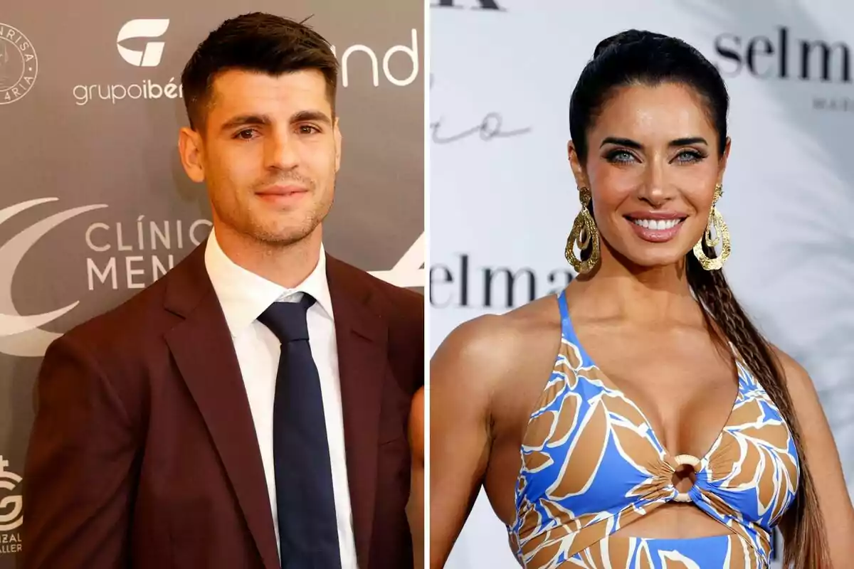 Álvaro Morata con traje y corbata junto a Pilar Rubio con vestido colorido y aretes grandes. Álvaro Morata con traje y corbata junto a Pilar Rubio con vestido colorido y aretes grandes.