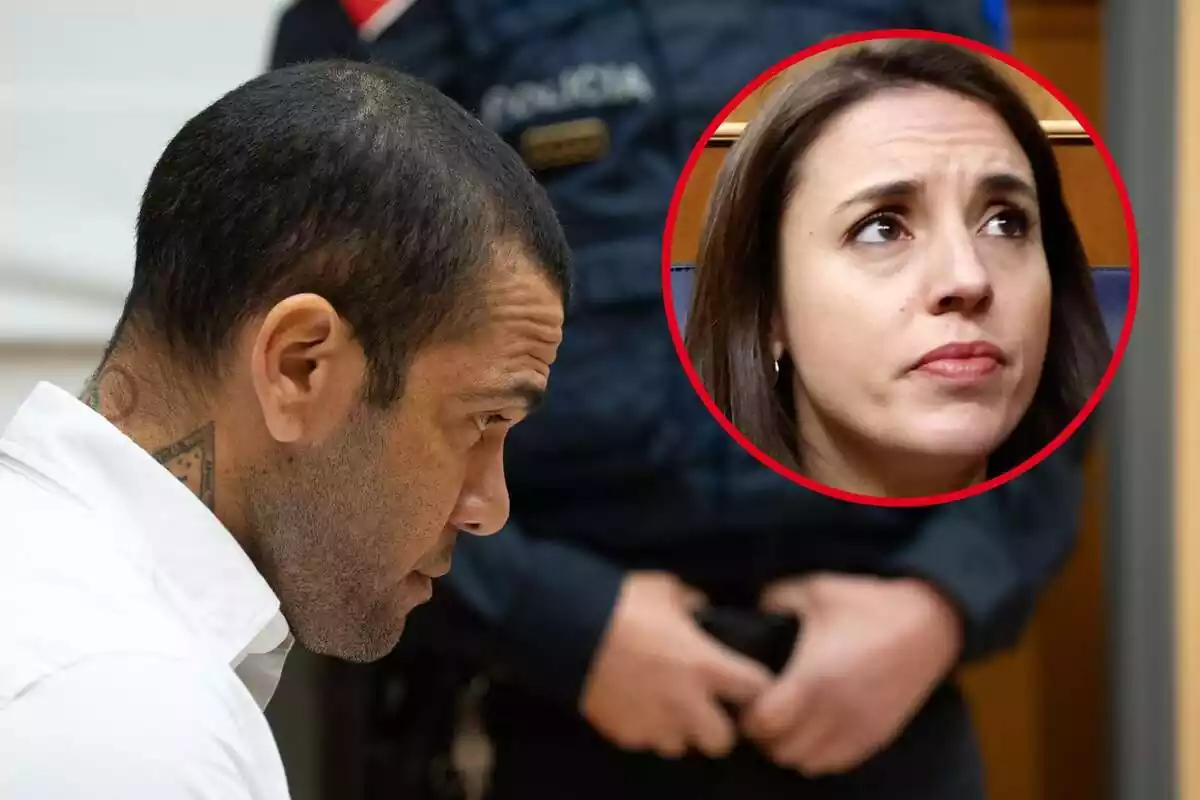 Dani Alves, con la mirada hacia el suelo, y en el círculo, Irene Montero con gesto serio