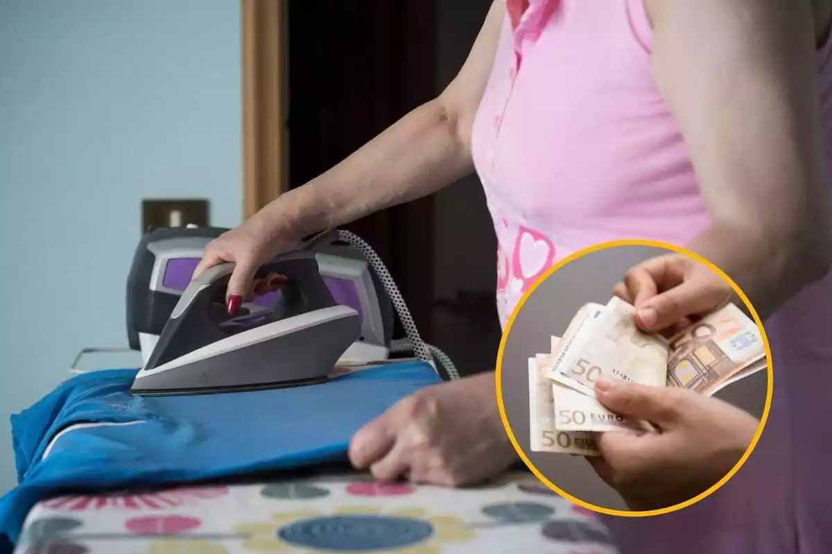 Montaje de una ama de casa planchando y una imagen de unos billetes en un marco