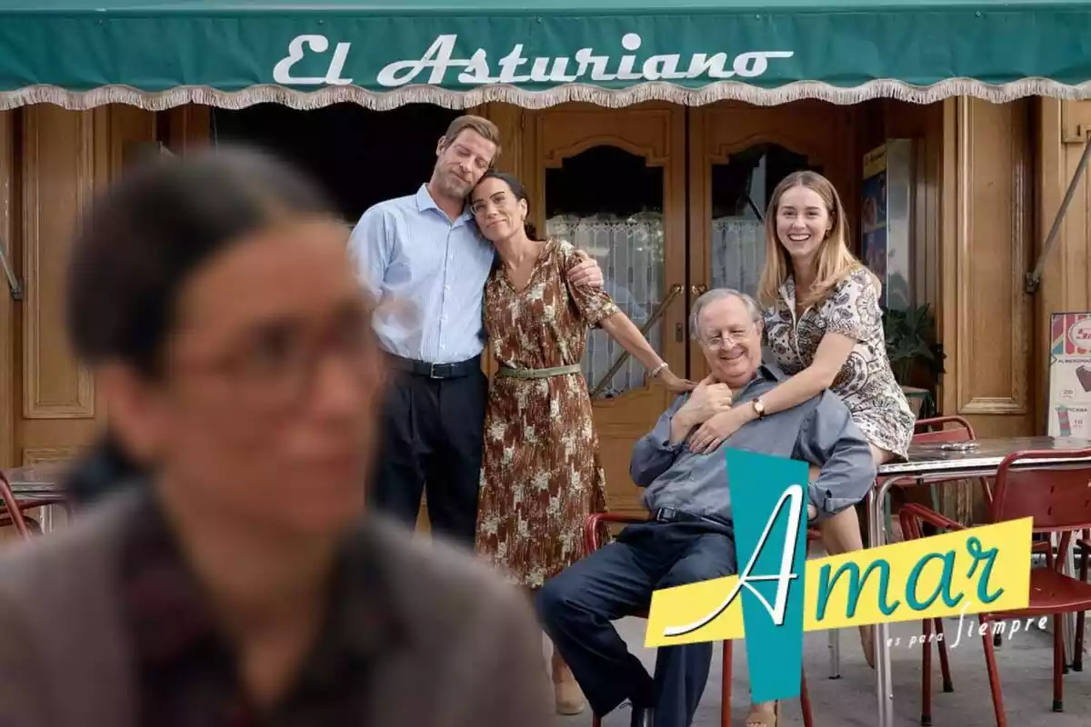 Montaje de 'Amar es para siempre' con los personajes delante del bar, Manolita desenfocada y el logo de la serie