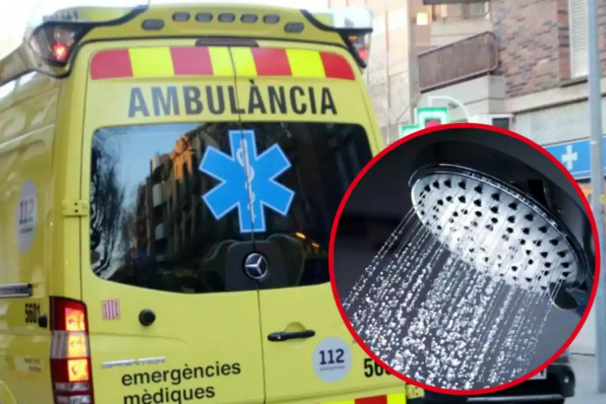 Una ambulancia amarilla con la palabra "AMBULÀNCIA" en la parte trasera y un círculo rojo que muestra una ducha con agua corriendo.